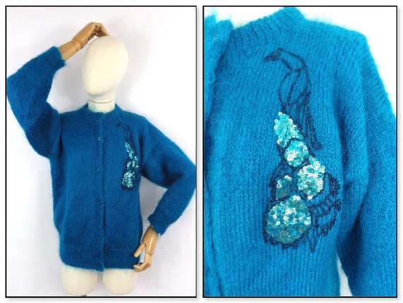 Vintage unique hand knit turquoise blue peacock s… - image 1