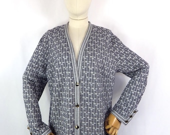Vintage Geometric Knit Cardigan - Blue Grey Wool Blend, UK Size 12