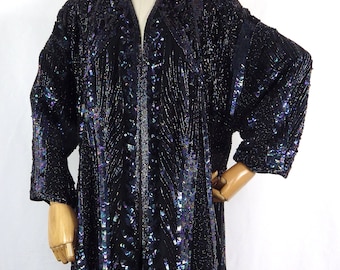 Vintage Beaded Silk Jacket: Black Sequin Longline Statement, Size 16