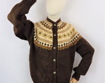 Vintage Hand Knit Wool Cardigan: Nordic Fair Isle Yoke, UK Size 14