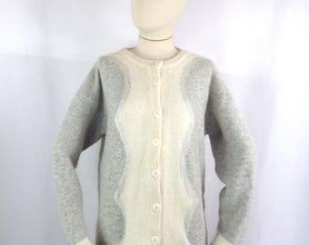 Vintage Angora Wool Blend Cardigan: Retro Ivory Grey Sweater (Bust 42")