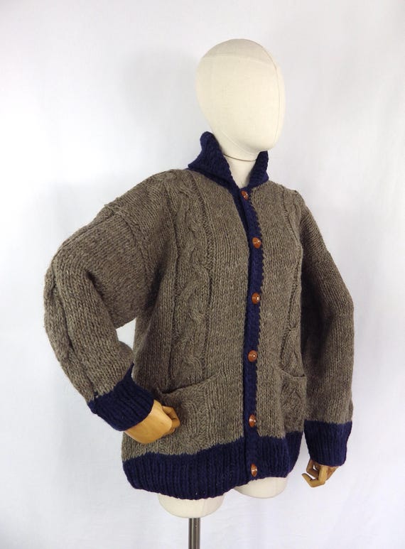 Vintage Hand Zopfmuster grobe reine Wolle grau blau Strickjacke