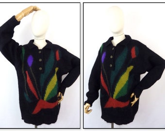 vintage women's floral tulips arty retro black multicoloured mohair blend jumper sweater M Medium Size 14 UK Grace and Garbo