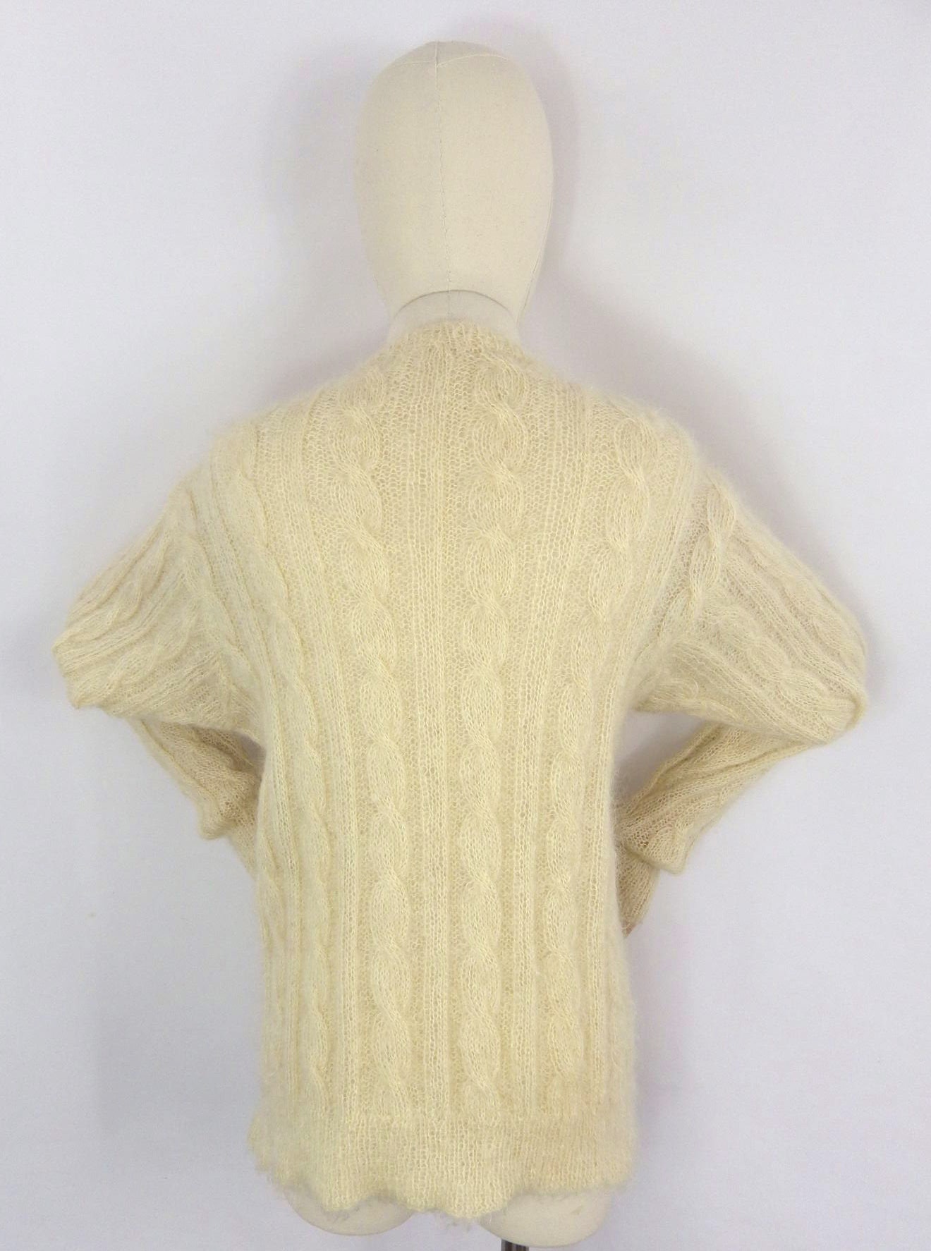 Vintage hand knit cream ivory fluffy cable mohair preppy V | Etsy