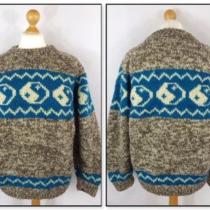 Vintage 90s RARE Yin and Yang Chunky Pure Wool Brown Teal Vintage 90s RARE Yin and Yang Chunky Pure Wool Brown Teal