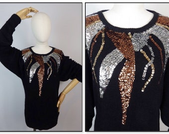 Vintage angora silk blend black bronze silver gold sequin flames jumper sweater sparkly Size 12 UK M Medium Grace and Garbo Graceandgarbo