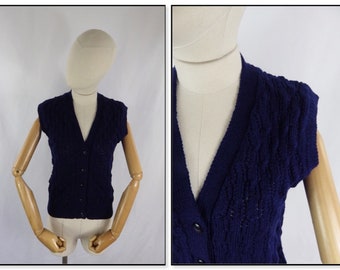 Vintage navy dark blue hand knit sleeveless cardigan vest preppy Bust 34" Size 10 UK S small pure wool Grace and Garbo