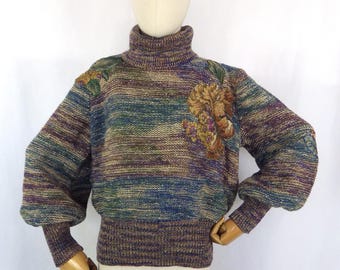Vintage Wool Blend Sweater, Retro Floral Applique, Puff Sleeve (Size 14 UK)