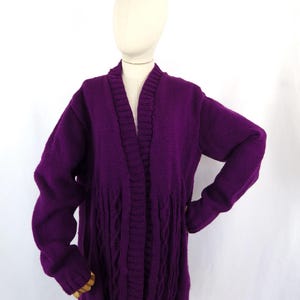 Vintage Hand Knit Wool Cable Knit Cardigan - Dark Purple, UK Size 16-18