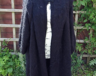 Vintage handgebreid mohair vest coatigan - Black Goth Glam - Britse maat 12-14