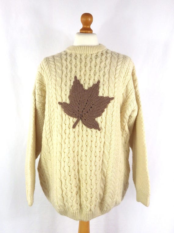 Vintage Cream Wool Cable Knit Sweater: Maple Leaf Applique, XL