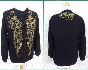 Vintage 50s 1950s "Versailles" black lambswool angora heavily beaded gold rococo baroque cardigan sweater 12 UK Medium Grace and Garbo