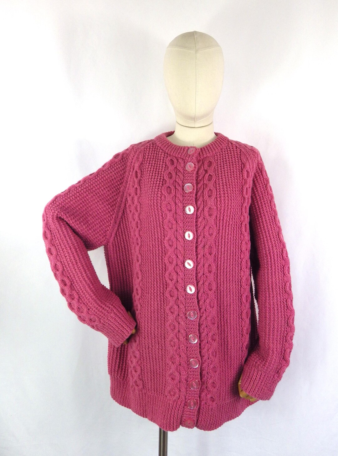 Vintage Hand-knitted Wool Cardigan: Chunky Pink Cable Knit