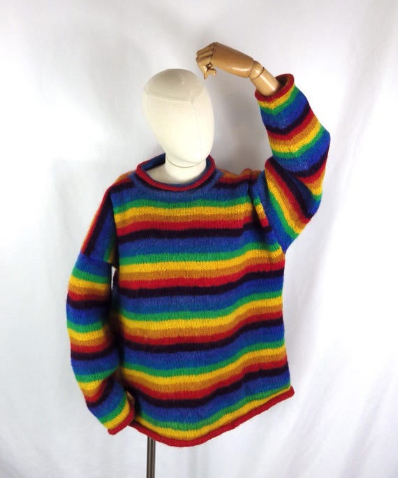 Vintage Hand Knit Rainbow Wool Sweater: Plus Size Boho