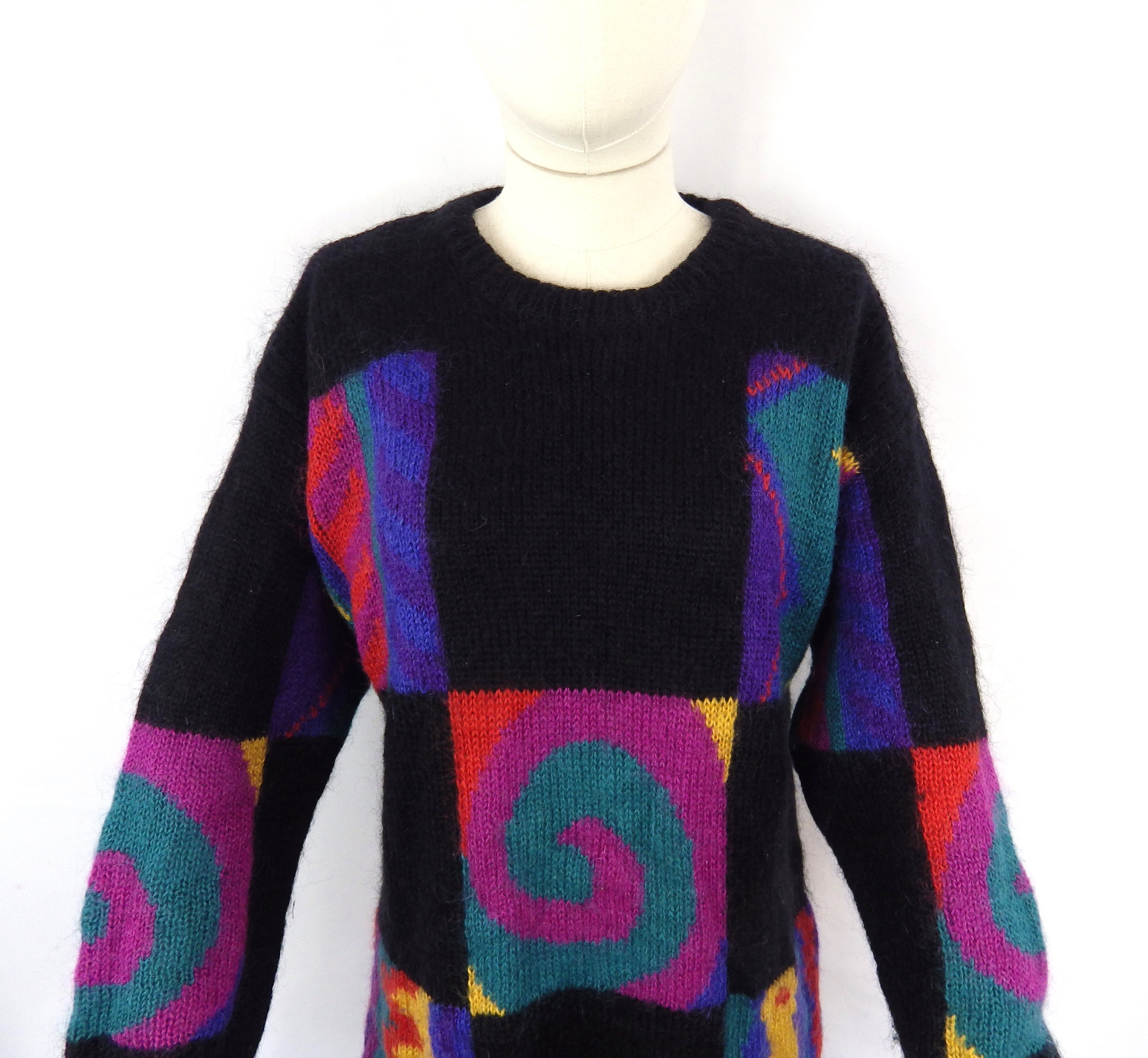 Stunning Vintage Intarsia Black Multicoloured Vibrant Boho Arty Mohair ...