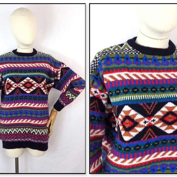 vintage années 90 Sweater Shop classique multicolore fair isle Nordic Scandi style pull pull laine mélange M Medium Size 14 UK Grace et Garbo