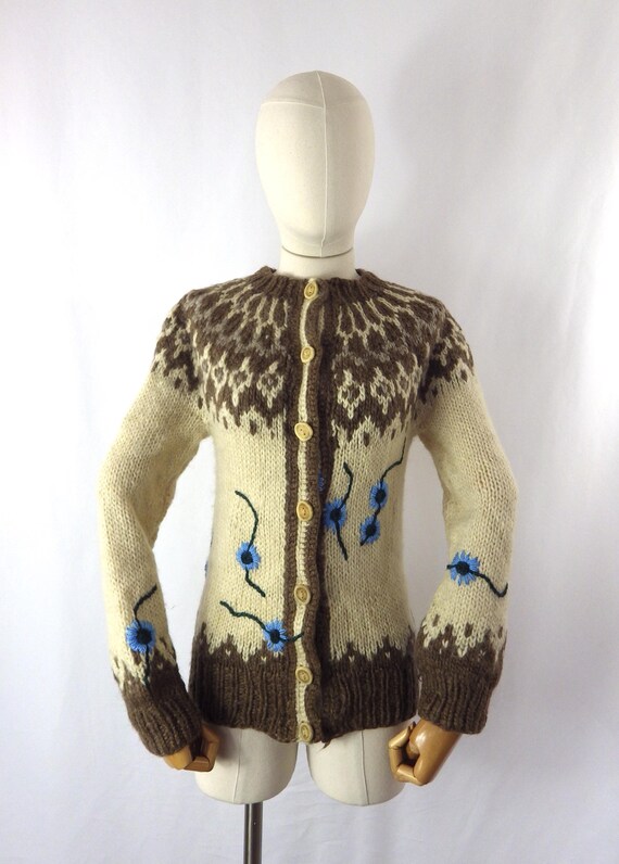 Vintage Hand Knit Fair Isle Wool Cardigan: Embroidered