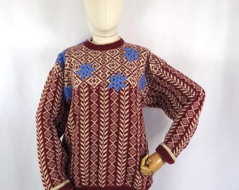 Vintage Fair Isle Wool Sweater: Maroon, Cream, Blue Snowflake Applique (Bust 42")