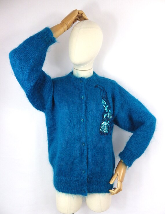 Vintage unique hand knit turquoise blue peacock s… - image 7