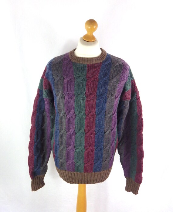 Vintage Retro reine Wolle Zopfmuster lila blau grün Herren