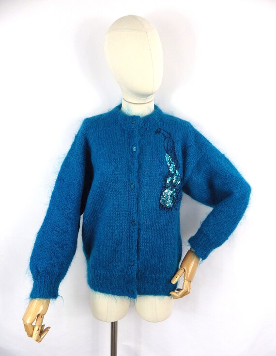 Vintage unique hand knit turquoise blue peacock s… - image 8
