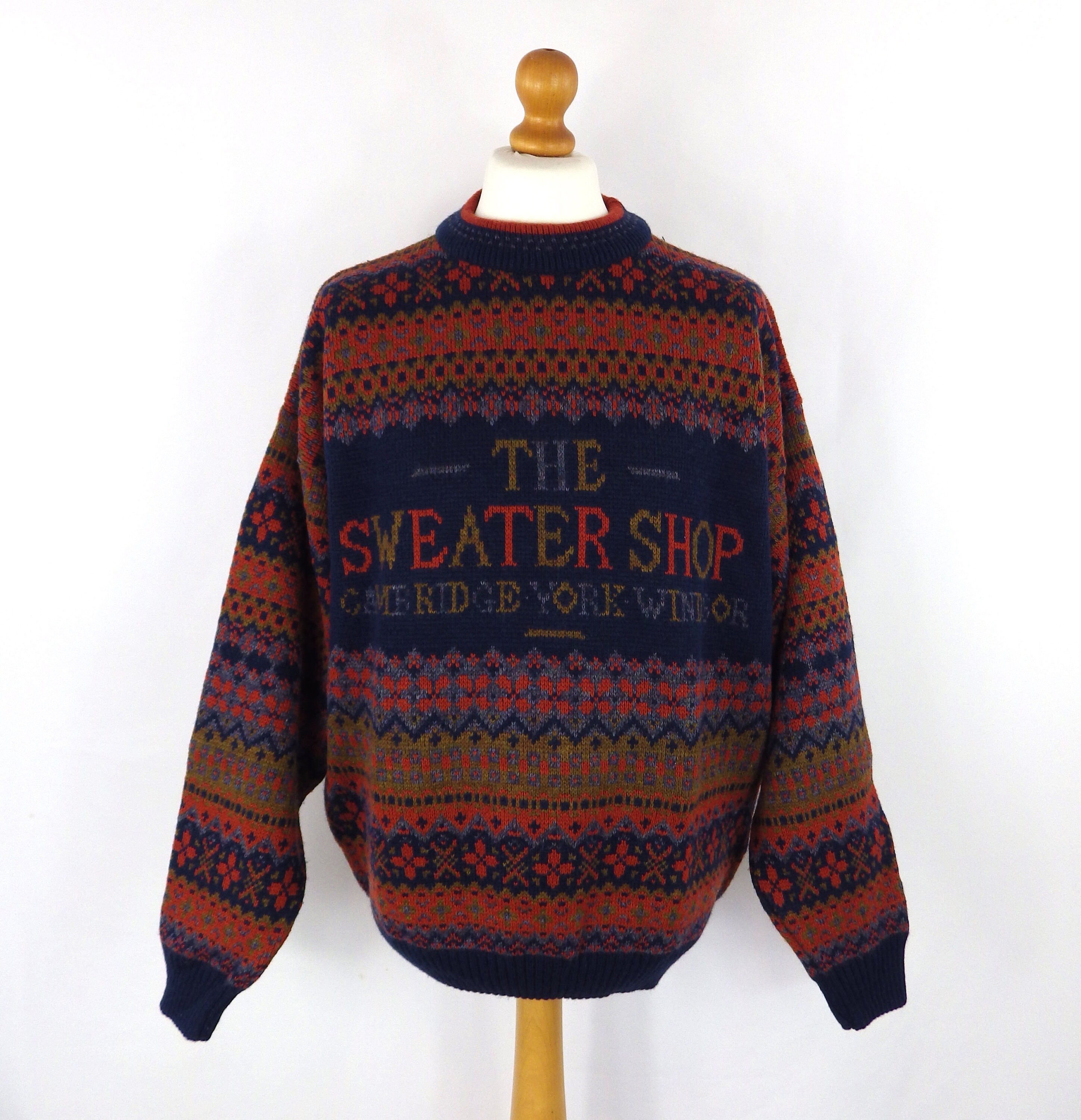 Vintage The Sweater Shop 90s Iconic Fair Isle Spell Out Cambridge York Windsor Jumper Sweater L XL Chest 48\