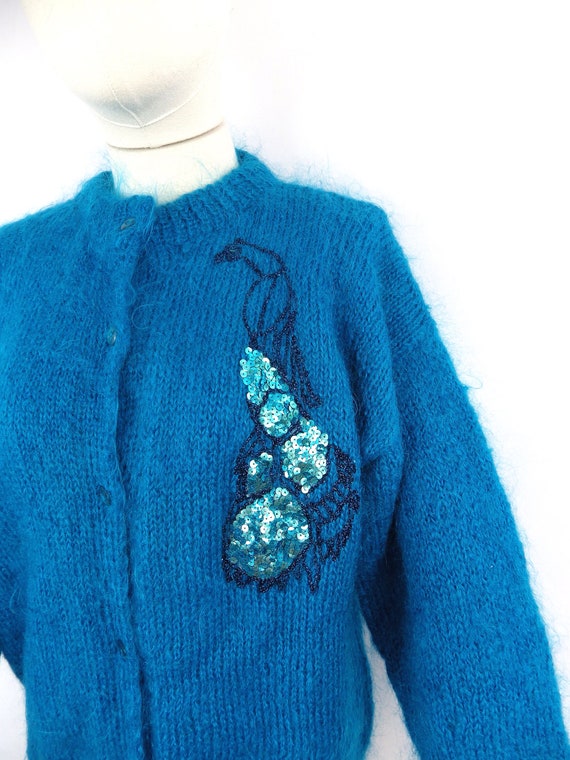 Vintage unique hand knit turquoise blue peacock s… - image 4