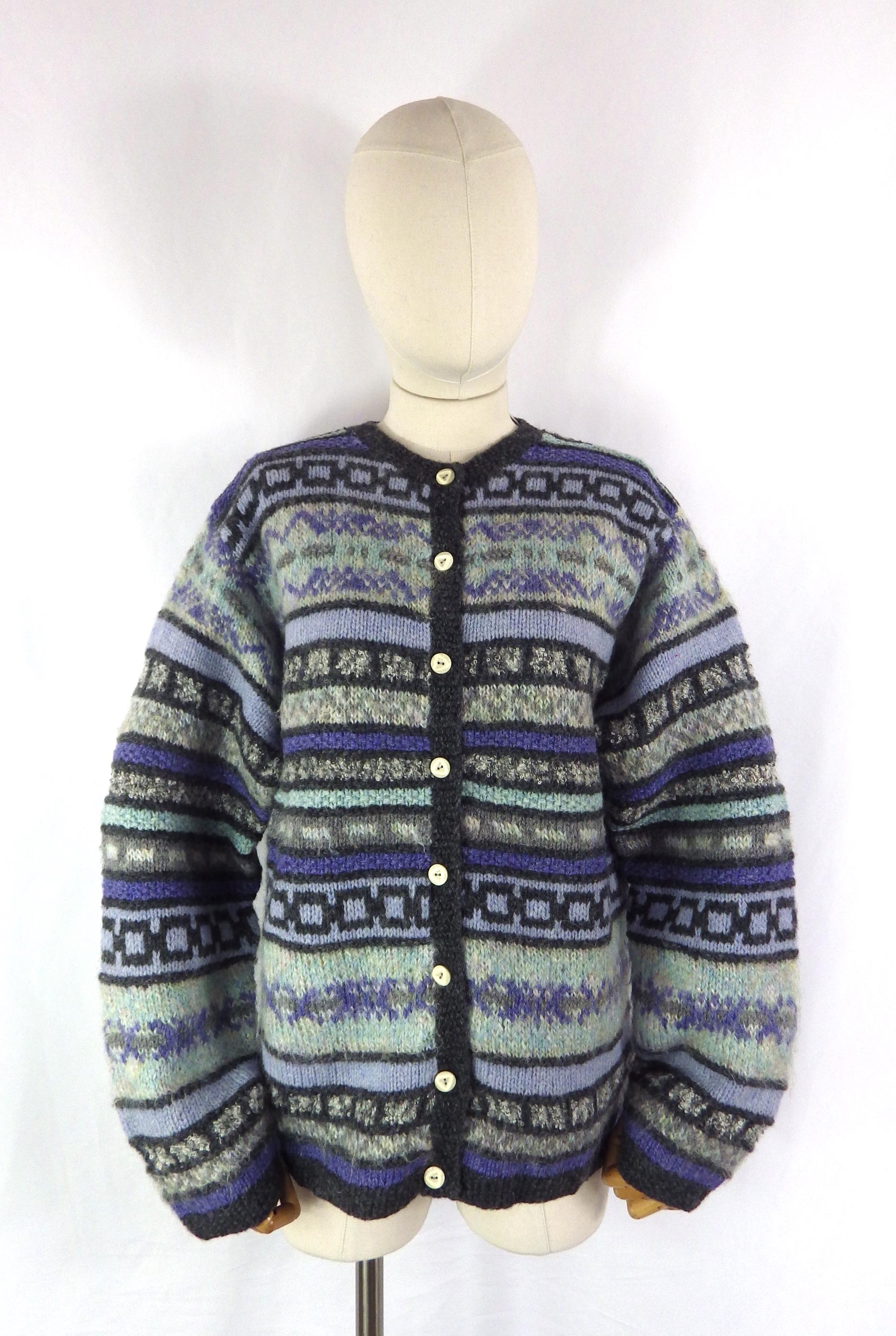 Vintage Hand Knit Mohair Cardigan - Striped Intarsia, Size Small