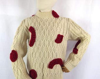 Pull torsadé vintage en laine crème épaisse tricotée à la main 39" Taille 12 UK