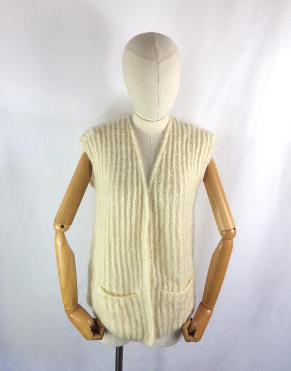 Vintage Hand Knit Mohair Cardigan Vest: Ribbed Cottagecore Pockets