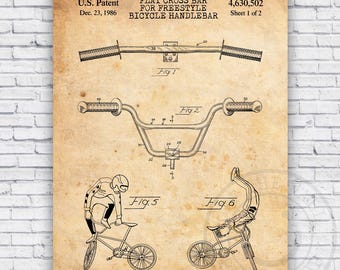 BMX Freestyle Bike Handlebar Patent Blueprint - Wall Art Print Decor - Size Options