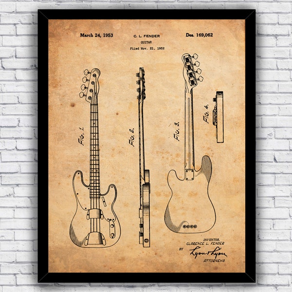 Electric Bass Guitar Music Patent Blueprint - Wall Art Print Decor - Size and Frame Options