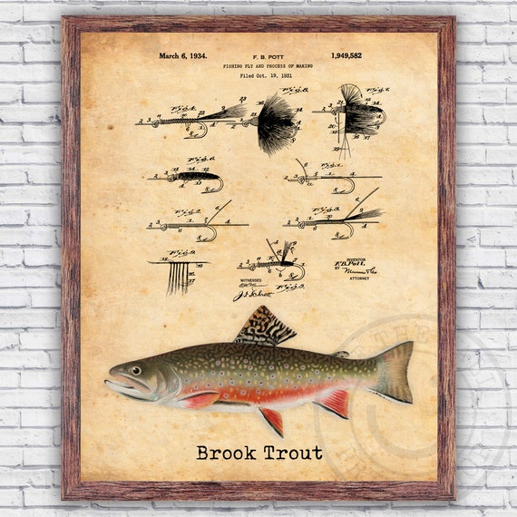 Brook Trout Fly Fishing Lure Patent Vintage Repro Wall Art Print