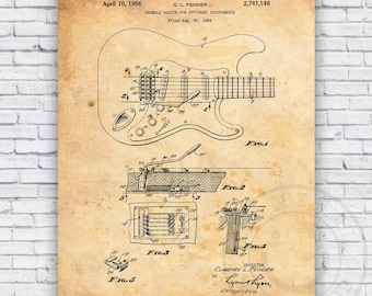 Electric Guitar Music Patent Vintage Blueprint - Wall Art Print Decor - Size Options