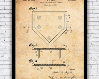 Baseball Field Home Plate Sports Patent Blueprint Wall Art Print Decor - Size and Frame Options