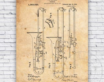 Trombone Brass Musical Instrument Patent Blueprint - Wall Art Print Decor - Size Options