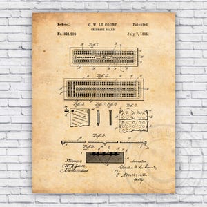Cribbage Board Card Game 1800s Patent Blueprint - Wall Art Print Decor - Size Options
