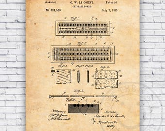 Cribbage Board Card Game 1800s Patent Blueprint - Wall Art Print Decor - Size Options
