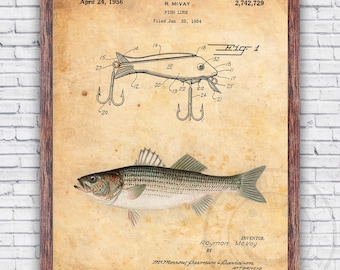 Striped Bass Fisherman Fishing Lure Hook Patent Blueprint Wall Art Print Decor - Size and Frame Options