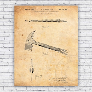 Firefighter Axe Patent Blueprint - Wall Art Print Decor - Size and Frame Options