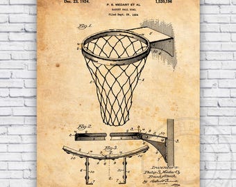 Basketball Hoop Goal Sports Patent Blueprint - Wall Art Print Decor - Size Options