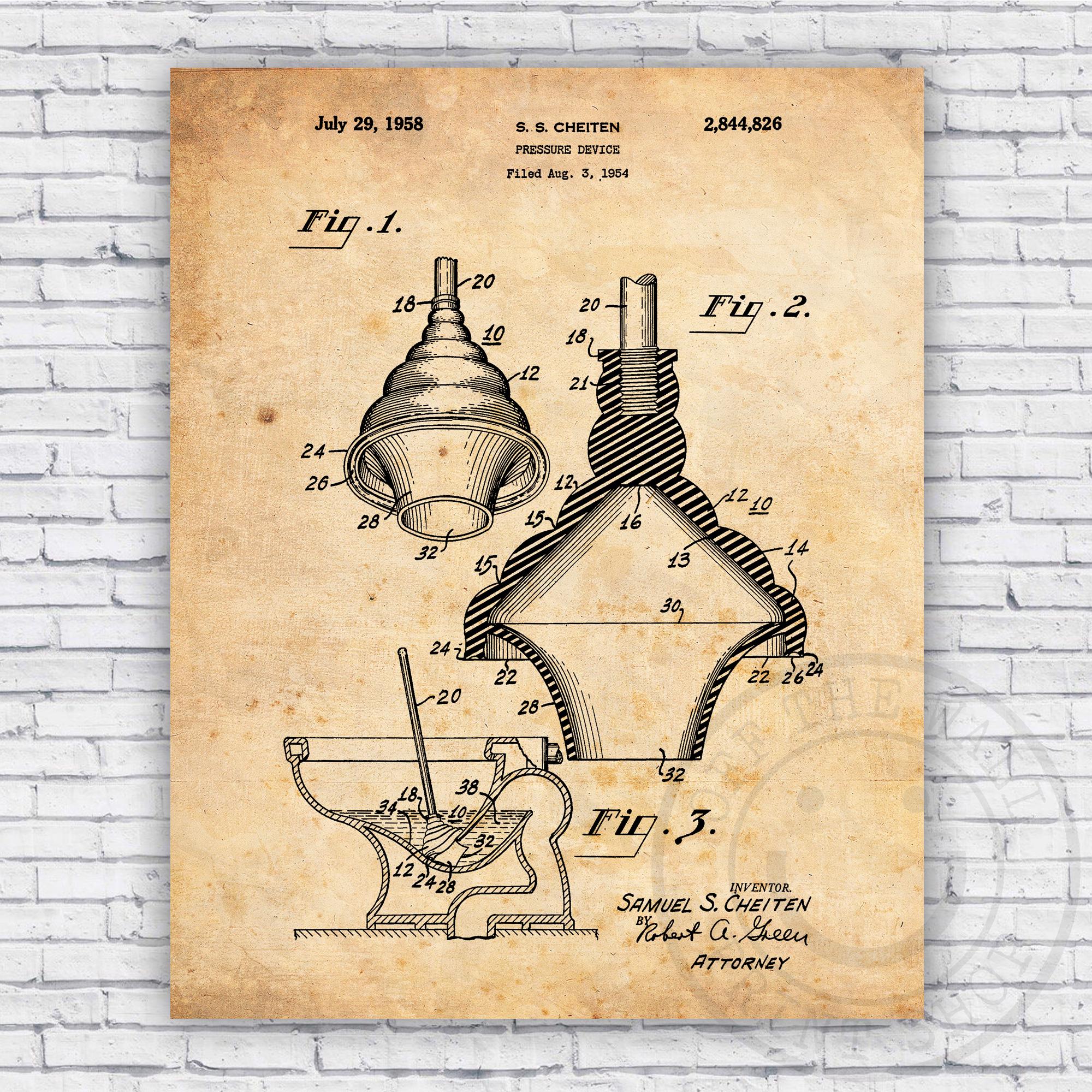 Toilet Plunger Patent Blueprint - Bathroom Wall Art Print Decor - Size and Frame Options