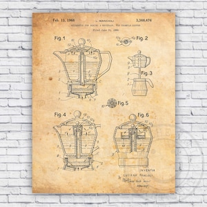 May include: A vintage patent drawing for a coffee maker, showing a detailed diagram of the device's internal workings. The patent is titled "Apparatus for Making a Beverage, for Example Coffee" and was filed on June 21, 1966. The patent number is 3,368,476.