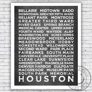 Houston Texas City Neighborhood Area Nicknames typographic design - Wall Art Decor Print - Size and Frame Options