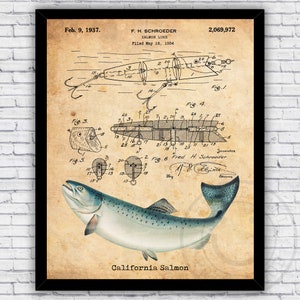California Salmon Fishing Lure Vintage Illustration Patent - Repro Wall Art Print Decor - Size and Frame Options