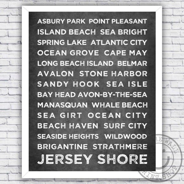 Jersey Shore Towns Neighborhood Names Typographic Design - Wall Art Decor Print - Size and Frame Options