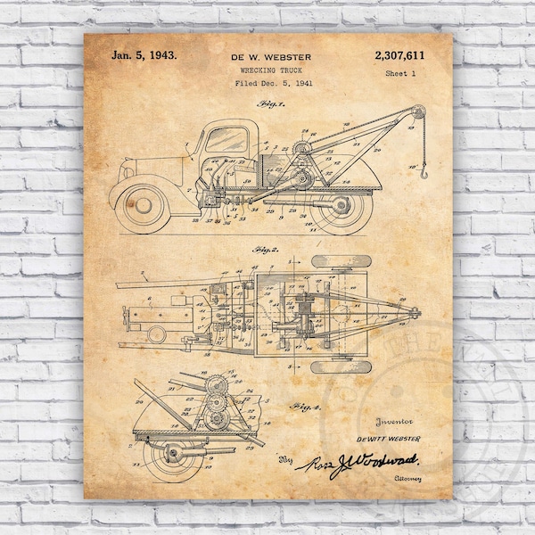 Tow Truck Wrecker Patent Blueprint - Wall Art Print Decor - Size Options