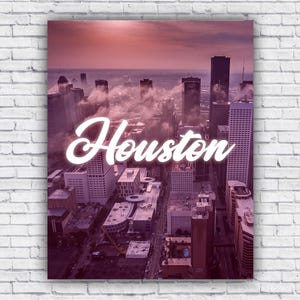 Downtown Houston Texas Skyline Script Art - Wall Print Decor - Size Options