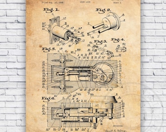 Deadbolt Door Lock Patent Blueprint - Wall Art Print Decor - Size and Frame Options