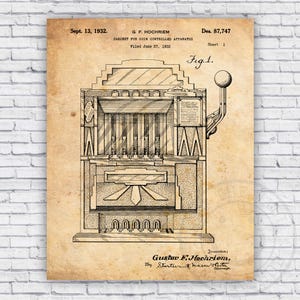 May include: Vintage blueprint of a coin-operated apparatus, dated September 13, 1932. The diagram shows a detailed cross-section of the cabinet, including internal mechanisms and a lever. The text includes the inventor's name, Gustav F. Hochriem.